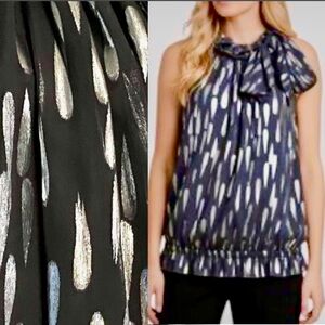 New St. John SoCa Silk Metallic Print Ruffle Blouse
